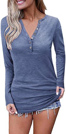 OUGES Womens Long Sleeve V-Neck Button Causal Tops Blouse T Shirt at Amazon Women’s Clothing store