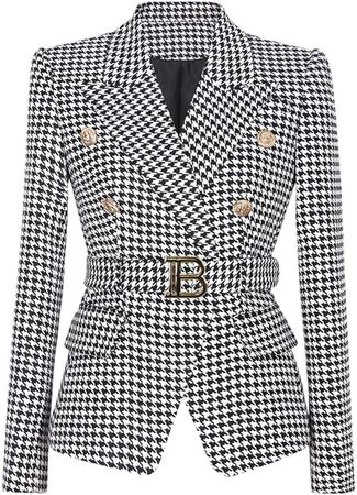 Amazon.com: Alloaone Elegant Double Breasted Coat Vintage Houndstooth Pattern Long Sleeve Winter Office Lady Blazers With Belt : Clothing, Shoes & Jewelry
