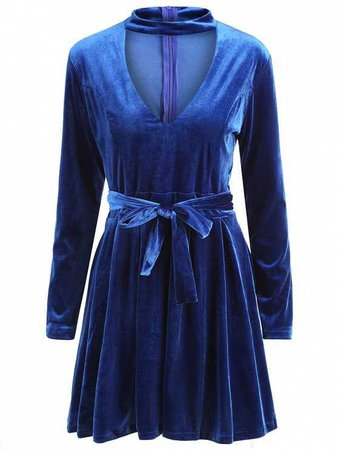 Long Sleeve Choker Velvet A Line Dress PURPLISH BLUE: Long Sleeve Dresses XL | ZAFUL