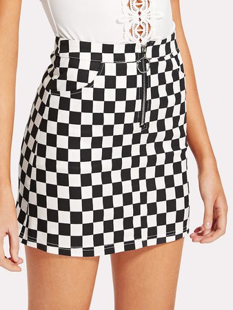 O-Ring Zip Front Plaid Skirt | SHEIN