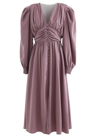 Puff Shoulder Ruched Button Down Chiffon Dress in Lilac - Retro, Indie and Unique Fashion