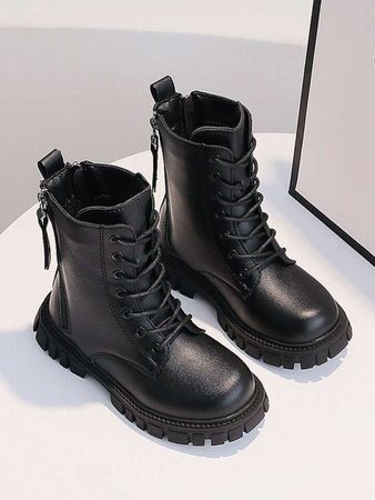 Autumn And Winter Fashionable, Trendy, Simple, Comfortable Black PU Leather Outdoor Children's Ankle Boots | SHEIN