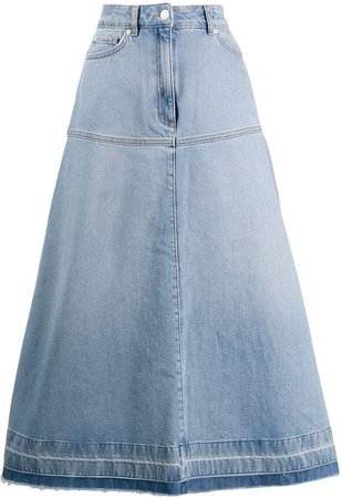 high-waist flared denim skirt