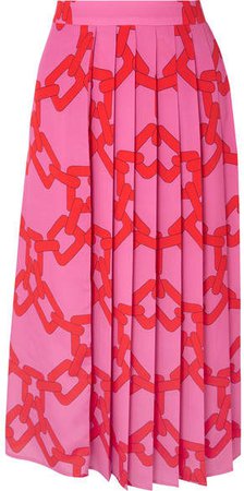 Pleated Printed Crepe Midi Skirt - Pink