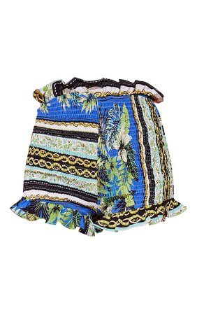 Blue Floral Print Frill Shirred Beach Shorts | PrettyLittleThing USA
