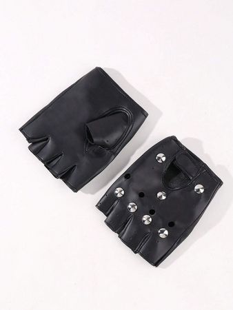 g1 Pair Unisex Black PU Leather Fingerless Gloves Solid Female Half Finger Driving Women Men Fashion Punk Gloves | SHEIN USA