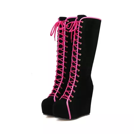 Black and pink wedge boots
