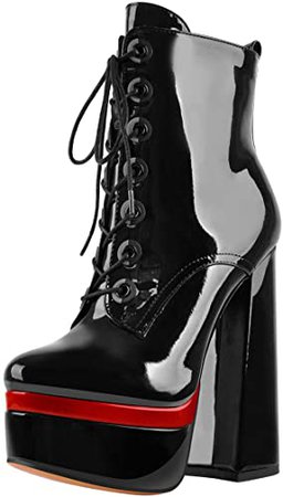 Amazon.com | Yolkomo Women's Two Tone Platform Lace-Up Ankle Boots Block Chunky Heels Bright Black Size5 | Ankle & Bootie