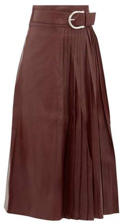 Estelle High Rise Belted Leather Kilt Midi Skirt - Womens - Burgundy