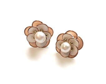 Pansy earrings Lucite flower earrings Blush pearl earrings | Etsy