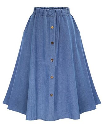 Elastic Waist Denim Tea Skirt With Buttons
