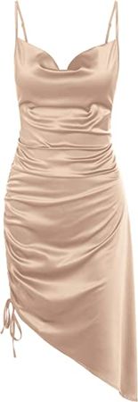 ZAFUL Slip Satin Dresses for Women Club Midi Dress Cowl Neck Silk Dress Cocktail Dress with Drawstring