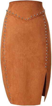 Amazon.com: Bellivera Women's Faux Suede Pencil Skirt Hip Wrapped Back Split for Spring Summer and Autumn Nailed Camel Medium: Clothing