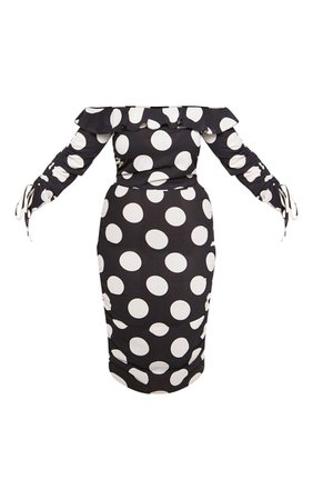 Plus Black Polka Dot Ruched Side Bardot Dress | PrettyLittleThing