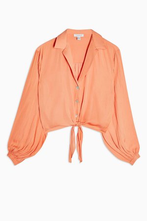 Coral Satin Tie Front Shirt | Topshop