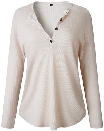 Womens Tops, Women Sweater Casual Long Sleeve Henley Shirt Rib Knit Blouse Button Tunic Tops Beige at Amazon Women’s Clothing store