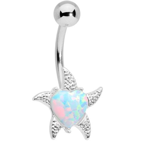 White Synthetic Opal Heart Starfish Nautical Belly Ring – BodyCandy