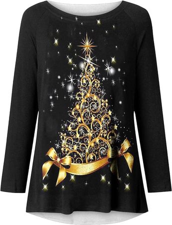 Jyeity Fashion Casual Long Sleeve Shirt Sweater for Women Shiny Christmas Tree Print Crewneck Loose Blouse Pullover Tops at Amazon Women’s Clothing store