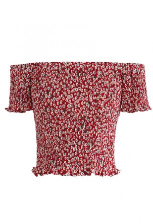 Floret Shirred Off-Shoulder Cropped Top in Red - NEW ARRIVALS - Retro, Indie and Unique Fashion