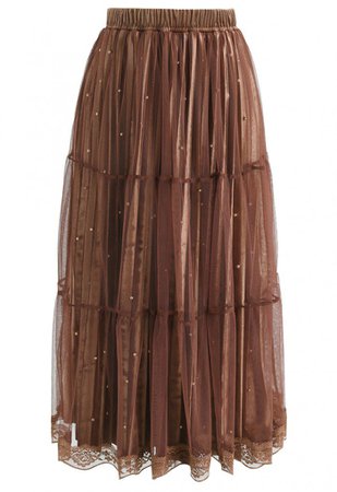 Bouncing Beads Velvet Mesh Skirt in Brown - Skirt - BOTTOMS - Retro, Indie and Unique Fashion