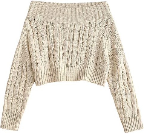 ZAFUL Women's Off Shoulder Long Sleeve Chunky Cable Knit Sweater Pullover (Beige) at Amazon Women’s Clothing store