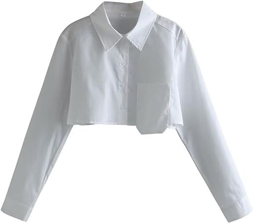 Mannjin Women's Lapel Buttoned Shirts Loose Asymmetrical Cropped Blouses Tees at Amazon Women’s Clothing store