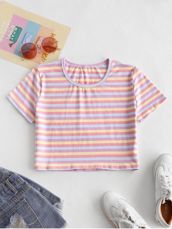 [43% OFF] [POPULAR] 2020 Cropped Colorful Striped Tee In MULTI-B | ZAFUL