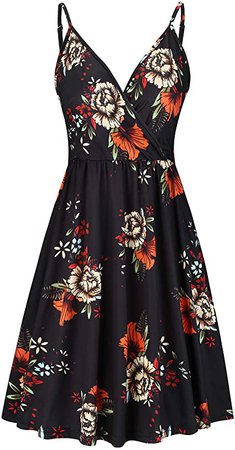 STYLEWORD Women's V Neck Floral Spaghetti Strap Summer Casual Swing Dress with Pocket at Amazon Women’s Clothing store