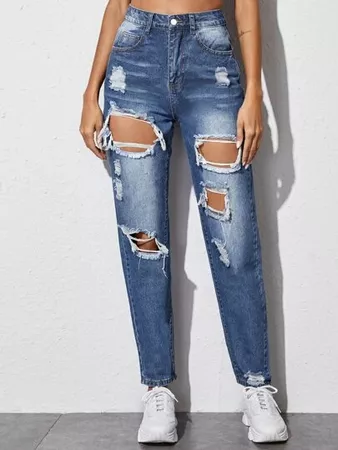 Ripped Straight Leg Jeans Without Bag | SHEIN USA