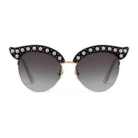 Cat eye acetate sunglasses with pearls in Black acetate frame with gold metal and pearl-effect studs | Gucci Women's Cat Eye