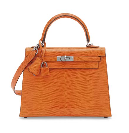 SHINY TANGERINE NILOTICUS LIZARD SELLIER KELLY 25 BAG WITH RUTHÉNIUM HARDWARE