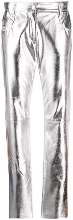 shiny slim-fit trousers