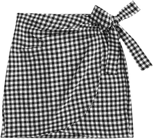 Amazon.com: WDIRARA Women's Mid Waist Gingham Print Asymmetrical Wrap Knotted Skirt Black and White : Clothing, Shoes & Jewelry