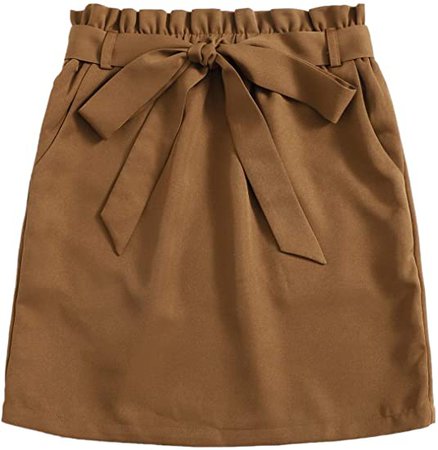Milumia Women Paperbag Waist Short Skirt Knot Belted High Waist Bodycon Skirt A Brown X-Small at Amazon Women’s Clothing store