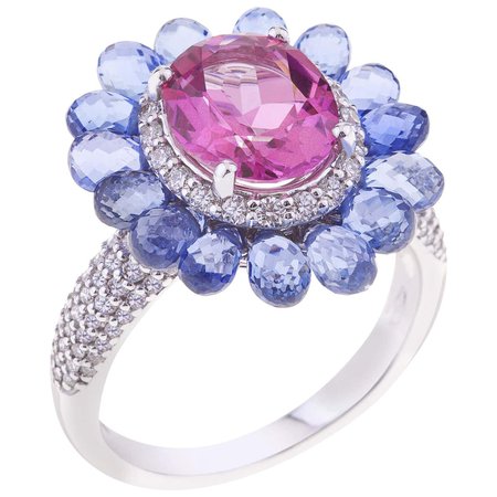 Flower Ring White Gold with Oval Pink Topaz, Blue Sapphires, Diamonds For Sale at 1stDibs
