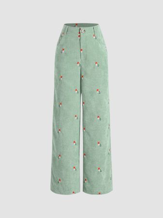 Ditsy Floral Embroidery Corduroy Trousers - Cider