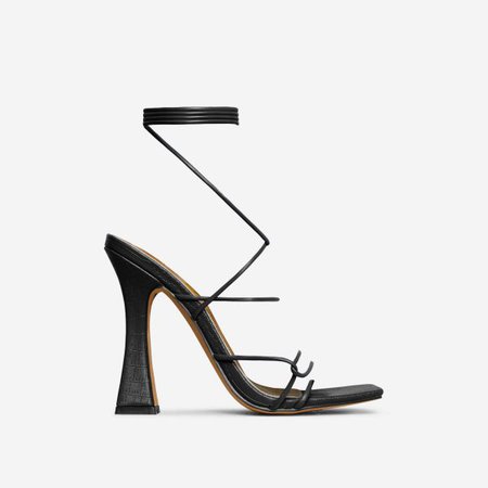 Echo-Park Lace Up Knotted Strap Square Toe Block Heel In Black Faux Leather | EGO