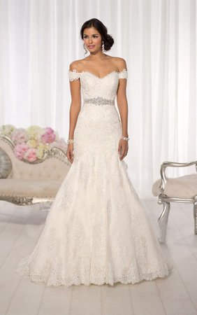 Elegant Off The Shoulder Crystal Belt Lace Mermaid Wedding Dress