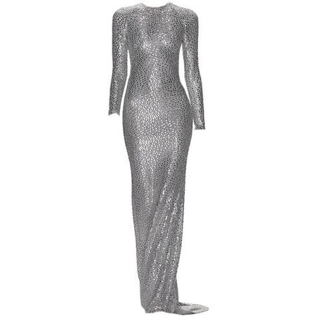 Silver Bedazzled Long Sleeve Evening Gown