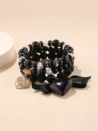 3pcs Heart Charm Beaded Bracelet | SHEIN USA