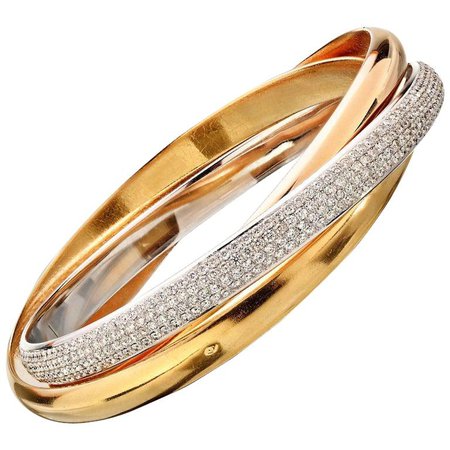 Cartier Tri Color Gold Trinity De "One" Diamonds White Yellow and Rose Bangle For Sale at 1stdibs