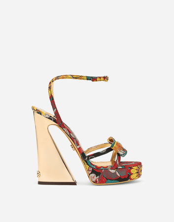 Jacquard fabric sandals with geometric heel