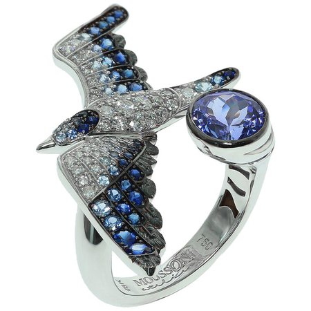 Mousson Atelier Tanzanite Diamonds Sapphire 18 Karat White Gold Seagull Ring