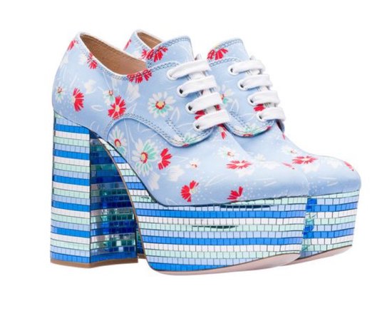 Blue Striped Flower Platform Sneaker Heels