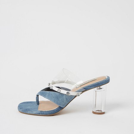 Blue denim toe thong diamante mule sandals | River Island