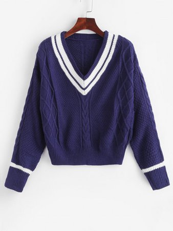 [36% OFF] 2020 V Neck Stripes Panel Cable Knit Sweater In DEEP BLUE | ZAFUL