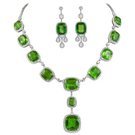 Platinum Diamond, Peridot Necklace and Earrings For Sale at 1stDibs