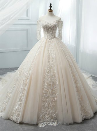 Charming Light Champagne Ball Gown Short Sleeve Wedding Dress With Beading