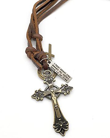 jonline24h Mens Womens Jesus Cross Pendant Adjustable Leather Cord Necklace Chain, Brown (Style A) | Amazon.com