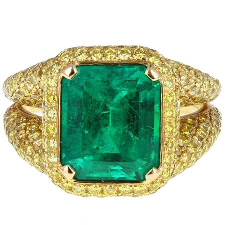 5.50 Carat Colombian Emerald Yellow Diamond Ring